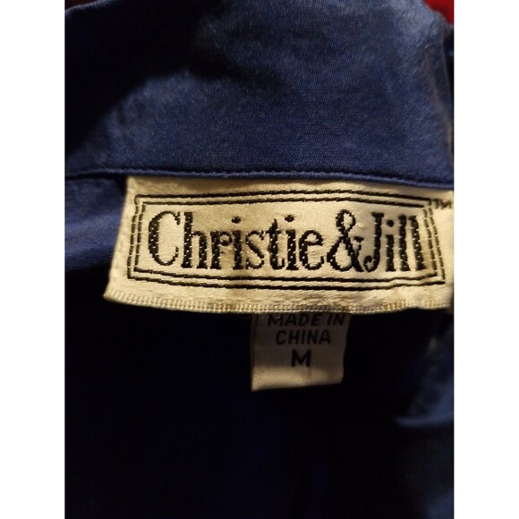 Christie & Jill 100% Silk Top Button Up Blue Short Sleeve M Shoulder Pads - Picture 9 of 9